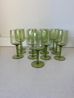Vintage Mid Century Avocado Green Goblets, Set of 13 - MCM Wine Stemware, Christmas Table