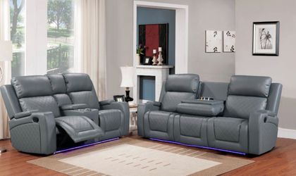 Gray Leather Reclining Sofa and Loveseat Set- finance available