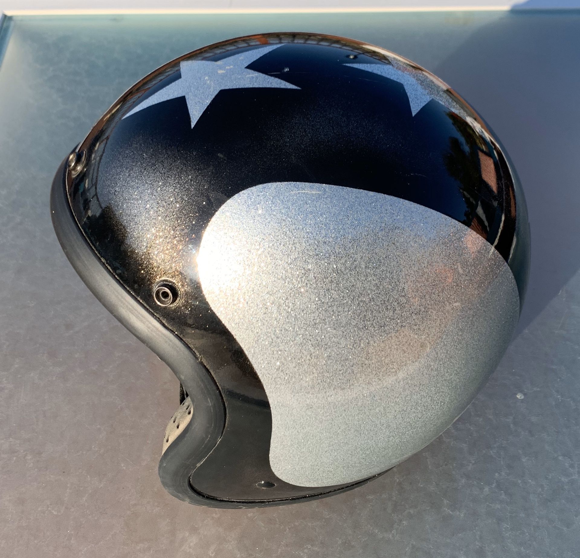 Custom Fulmer Motorcycle 3/4 helmet size large sparkle silver with black stars