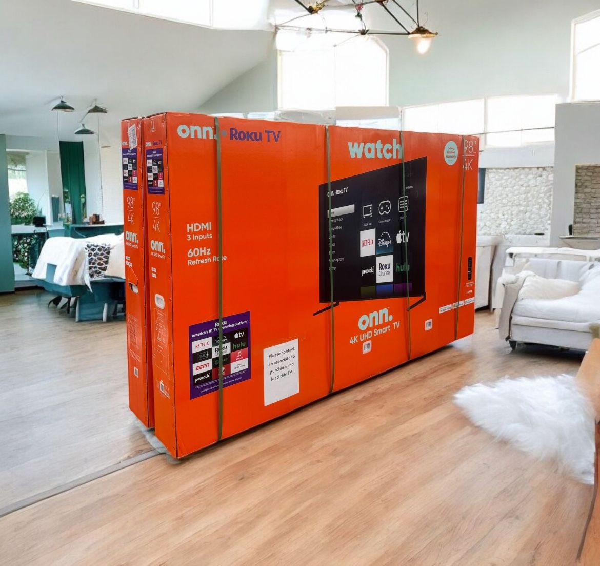 HD265 98” Onn smart 4k Roku led Uhd tv Floor Model Display