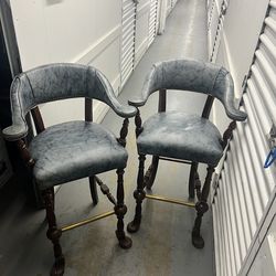 2 barstools, island chairs, curved back with blue leather