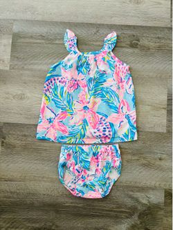 2 PIECE Lilly Pulitzer Pink, Blue & Yellow Floral Dress 6-12 Months