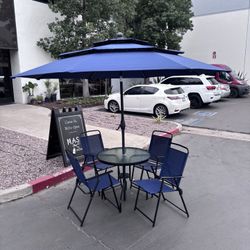 New 6-Piece Patio Dining Set with Glass Table, 4 Folding Chairs, and 10Ft Umbrella
