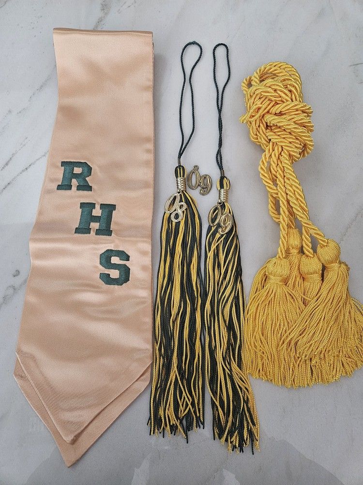 Gold Graduation Stole w/ Green RHS, 2 Honor Cords & 2 Tassels w/ 08, 09 years
