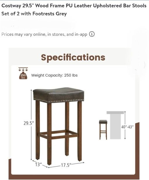 2 Costway 29.5" Wood Frame PU Leather Upholstered Bar Stools Nailhead Trim with Footrests Brown+Grey