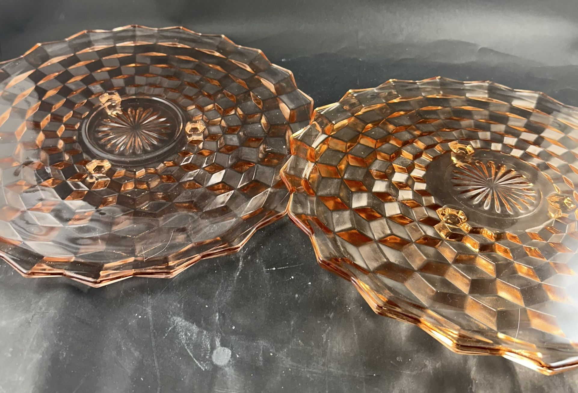 $20 EACH American Whitehall Cubist Pink / Peach  3-Footed Indiana Glass Platter or Cake Plate 