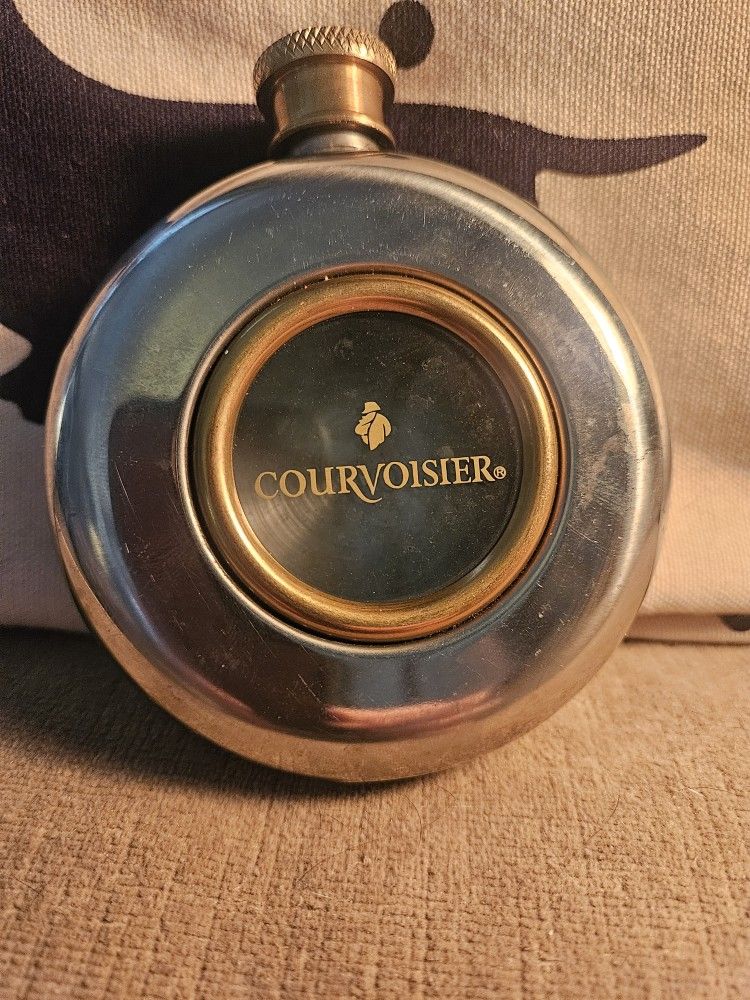 Older Courvoisier Stainless Steel And Brass Flask