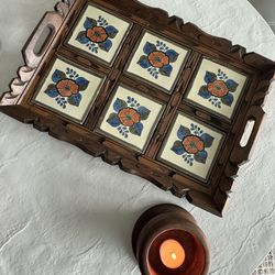 Vintage Hand Carved Wooden Tray With Mexican Tiles