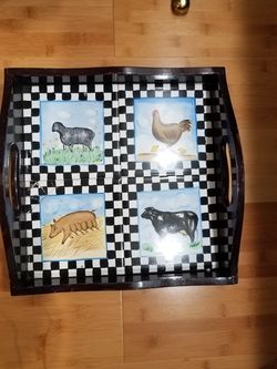 Hand painted ceramic tray 13"X13" 2" deep. Pig ceramic has crack but can be replaced