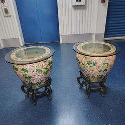 Vintage Chinese porcelain fish bowl end tables