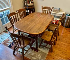Solid Wood Dining Table, 6 Chairs, 2 Leaves