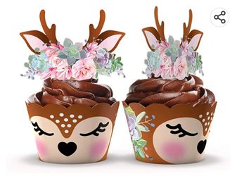 24 Cupcake Wrappers & Toppers Woodland Deer
