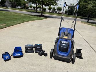Electric lawnmower with batteries and chargers included