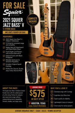 Title: 2021 Squier Jazz Bass V 5-String + Reunion Blues Gig Bag