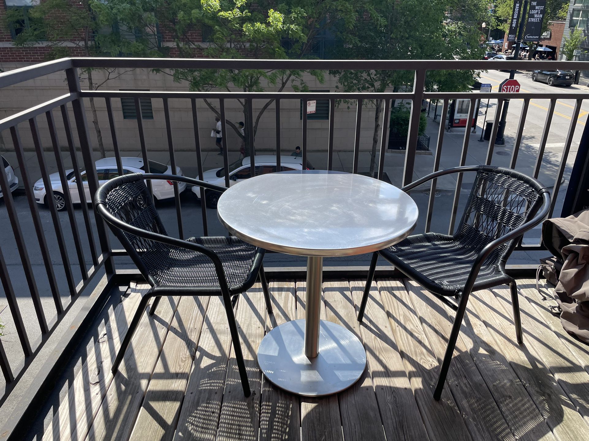 CB2 Patio Bistro Table and 2 Rex Weave Armchairs