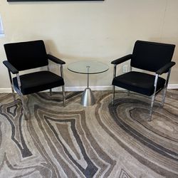 Two Black Fabric Armchairs, Vintage Modern Chrome Knoll Style