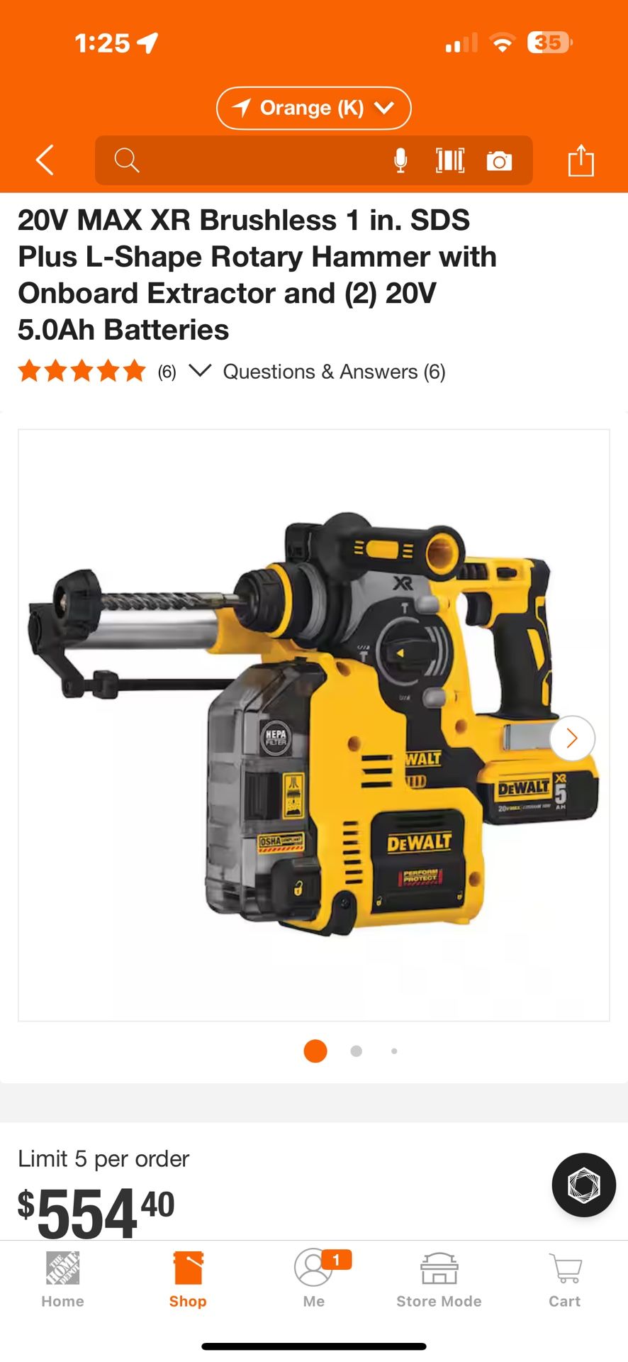 DEWALT (Brand Rating: 4.5/5) C 20V MAX XR Brushless 1 in. SDS Plus L-Shape Rotary Hammer with Onboard Extractor and (2) 20V 5.0Ah Batteries $430