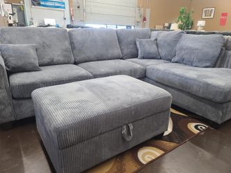 Light Gray Corduroy Sectional with Storage Ottoman