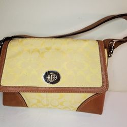 Coach Hampton Yellow Signature Logo Fabric Flap Messenger Bag 