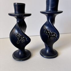 African Hand Carved Soapstone Candlesticks 