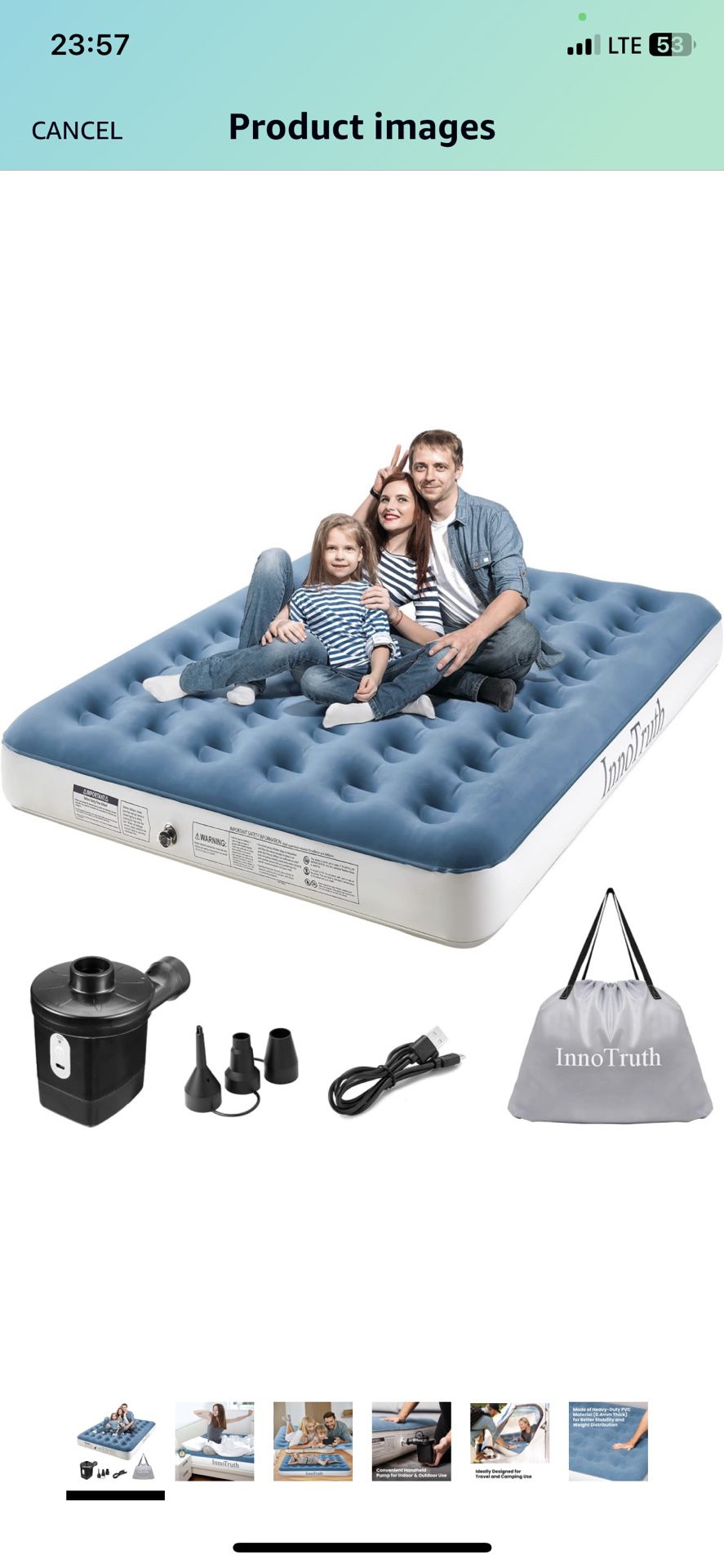 InnoTruth Queen Camping Air Mattress Bed, Rechargeable Handheld Electric Pump, Raised Elevated Blow Up Mattresses, Portable and Foldable Bed for Home 