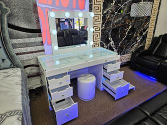 New in box white color LED vanity set with mirror and stool
