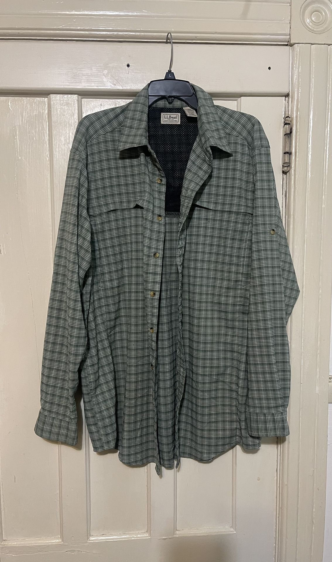 LL Bean Vented Shirt Mens L TALLGreen Plaid Fish Hiking Outdoor Mesh