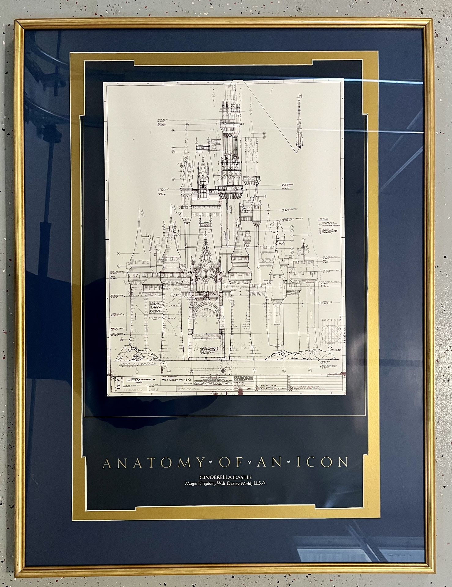 31”x41” framed And Matted Disney Cinderella Castle Architectural Drawing