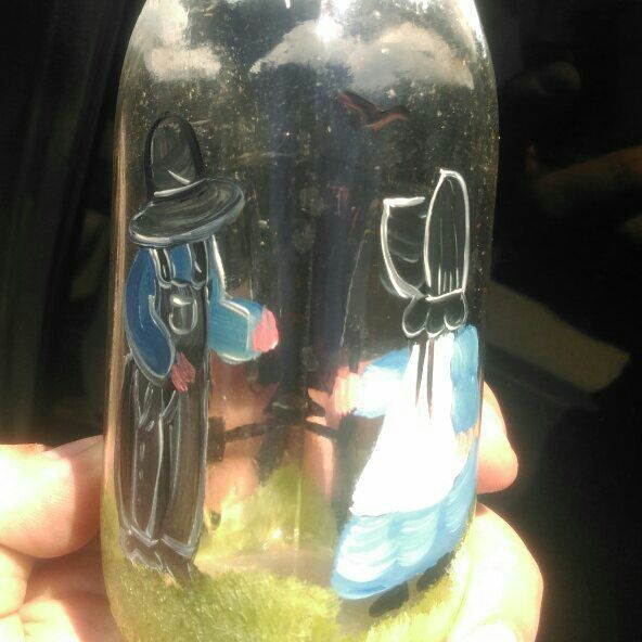 Antique milk bottle folkart adorned w Amish scene