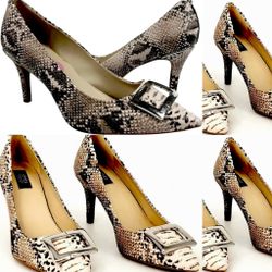 Jones New York Signature Diana heels in a snake-embossed pattern, silver buckle