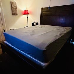 Solid wood queen bed frame and headboard with memory foam mattress and box (one year old set)