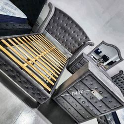 Best Price Brand New Bedroom Furniture| Gray Sophia Luxus Velvet Queen 4 Piece Bedroom Set ( Dresser, Mirror, Nightstand,Bed) Mattress Sold Separately