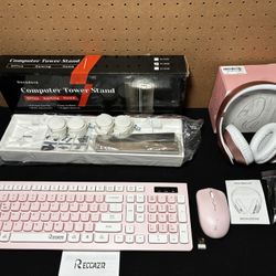 Pink/White Computer Bundle - Wireless Keyboard & Mouse, Headphones, & Computer Stand