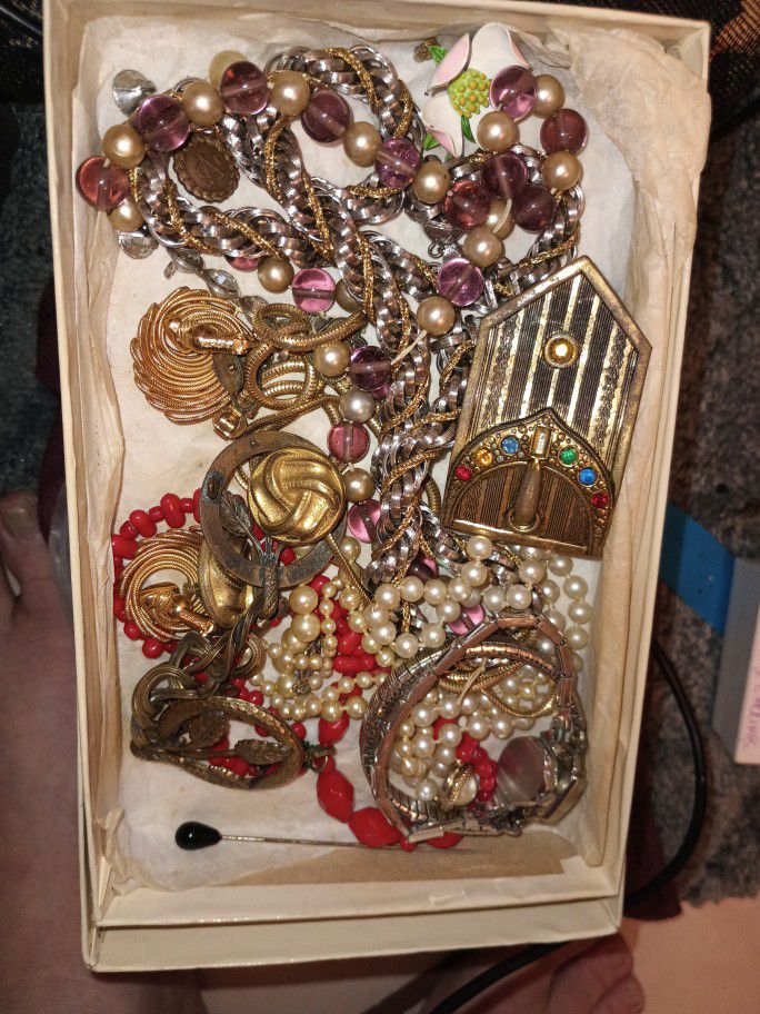 Antique Jewelry, Broaches, Hat pins, Beaded Necklaces Some Real Pearls , Costume Jewelry 2 Different Estates And Generations