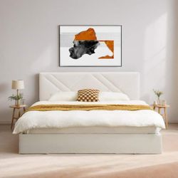 Ahokua Cream White Plywood Frame King Size Velvet Upholstered Platform Bed with Lifting Storage $120