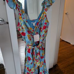 LC Lauren Conrad Light Blue Floral Wrap Dress with Red & Yellow Flowers