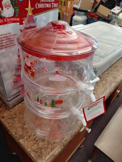 CHRISTMAS 2 TIER HOT OR COLD BEVERAGE DISPENSER WITH SANTA'S AND TREES "NEW"