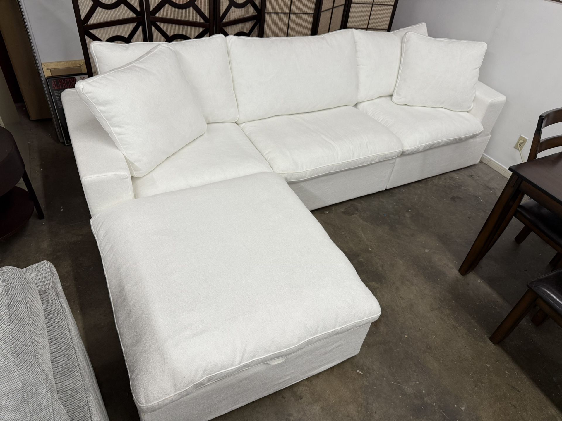 120” Super Plush White Towel Linen Feather Cloud Sectional Sofa Couch