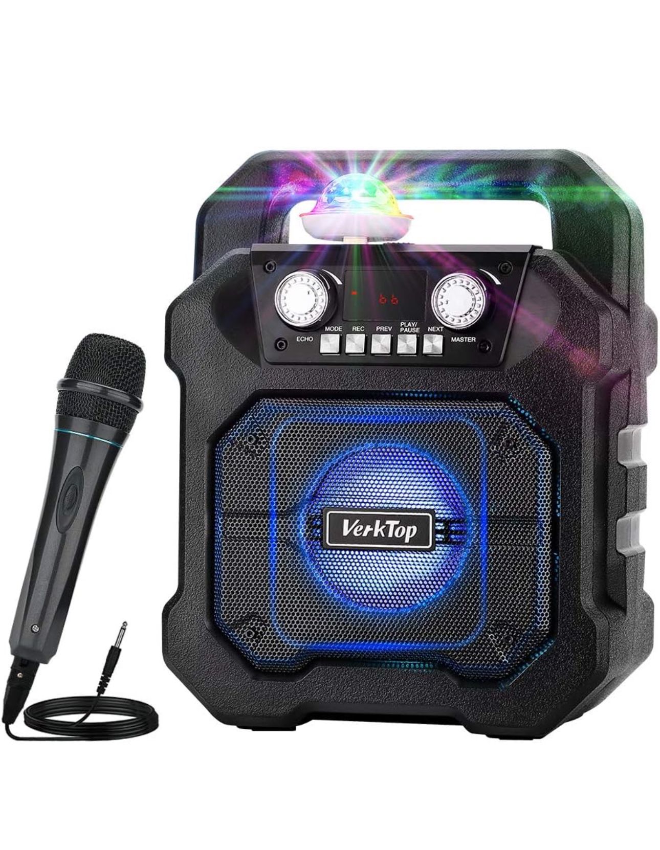 VerkTop Portable karaoke machine PA system Rechargeable wireless Bluetooth speaker with disco ball and wired microphone for children and adults