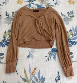 Brown Knit Crop Top with Tie Front