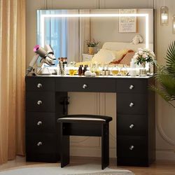 O559 $180 Vanity with Lighted Mirror - Makeup Vanity Desk with Power Outlet and 9 Drawers, 3 Color Lighting Modes Adjustable Brightness, 43" Vanity T
