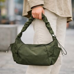 Army Green Shoulder Bag, Ruched Handle Baguette Bag, Small Nylon Handbag, Y2K Style Purse, Minimalist Everyday Bag