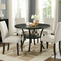 Brand New 5pc Round Dining Set With Beige Linen Fabric Nail Studded Chairs 