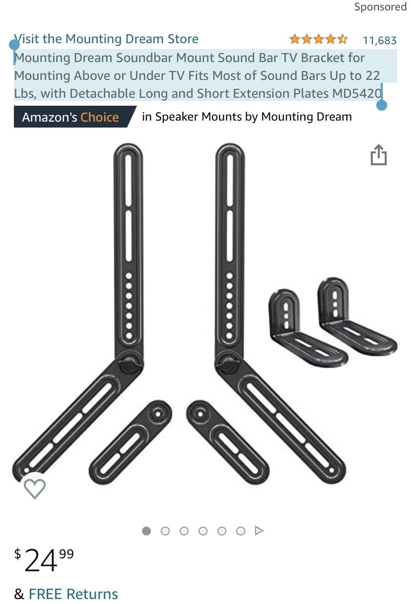Mounting Dream Soundbar Mount Sound Bar TV Bracket for Mounting Above or Under TV Fits Most of Sound Bars Up to 22 Lbs, with Detachable Long and Short