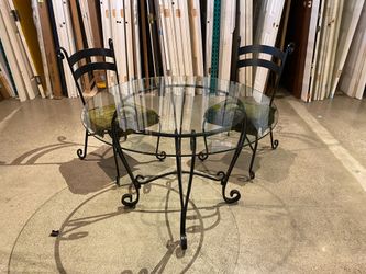 42″ Round Glass Top Table with Wrought Iron Base and Chairs