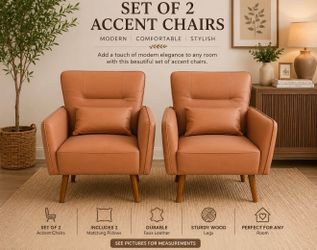Set of 2 Modern Faux Leather Accent Chairs – Camel/Tan – Mid-Century Style