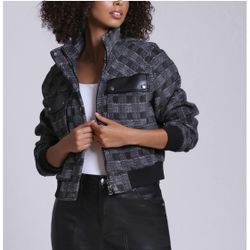 NEW Bagatelle Black And Gray Cropped Bomber Zip Up Jacket Women’s Sz Large NWT