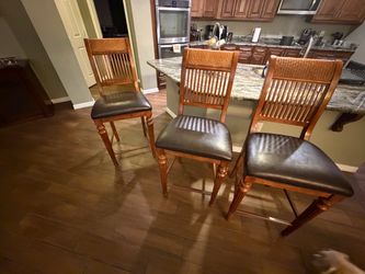 Set of 3 Wood Bar Stools with Leather Seats