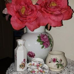 X7 PIECE VINTAGE HAND PAINTED PORCELAIN ROSE THOMAS BAVARIA FLOWER ARRANGEMENT VASE STAFFORDSHIRE BONE CHINA  BOWL NAPKIN RING HOLDER DECOR