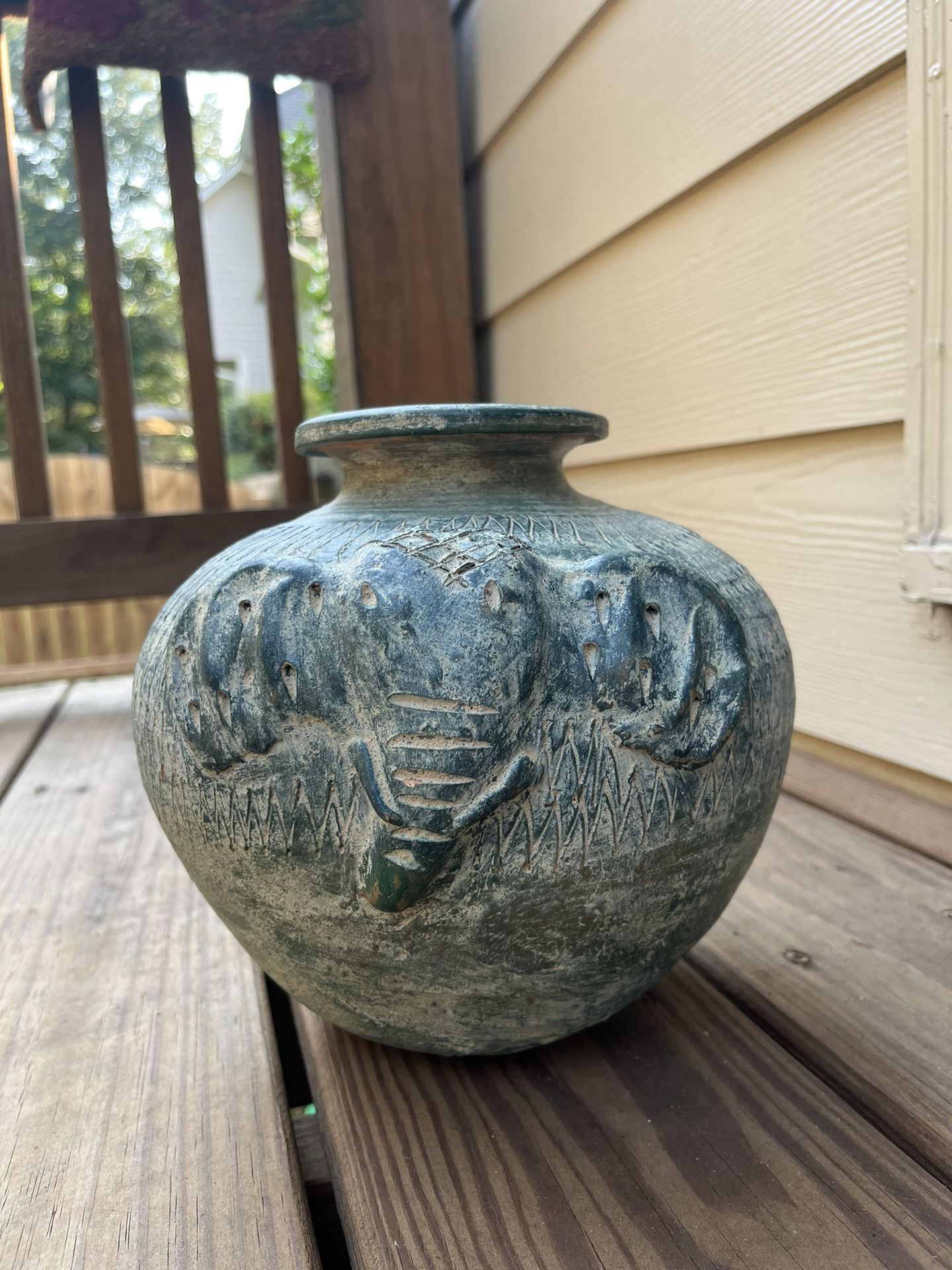 Handmade Vintage Elephant Head Terracotta Pottery Jug Figural Green Display Vase